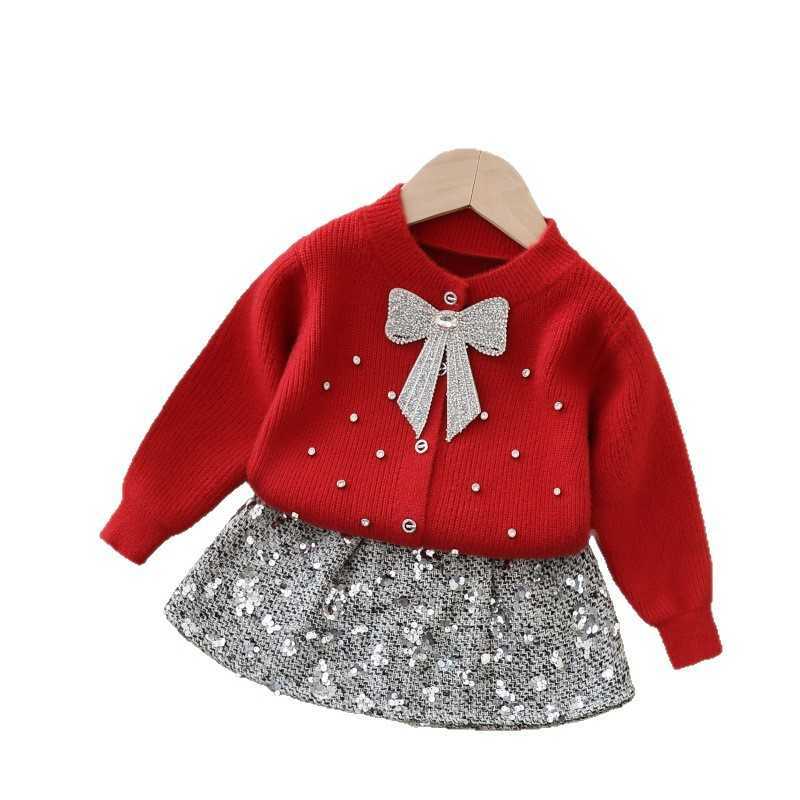 Childrens Sweater Twopiece Set for Girls Knitted Outfit with Skirt Sequin Bow Cardigan Long Sleeve H250919