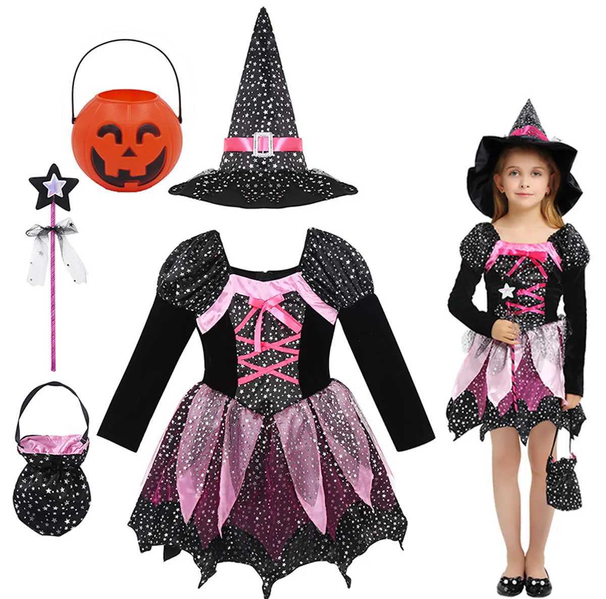 2025 Halloween Festive Party Girl Cosplay Witch Pink Long Sleeve Classic Cute Clothing Hat Magic Stick Pumpkin Bag Set L250918