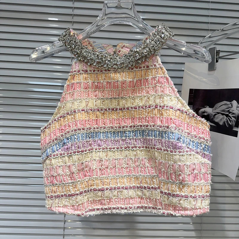 DEAT Fashion Twopiece Set Rhinestone Edge Halter Vests Female Stripe Contrast Color Short Skirts For Women Spring 11A03619 250818