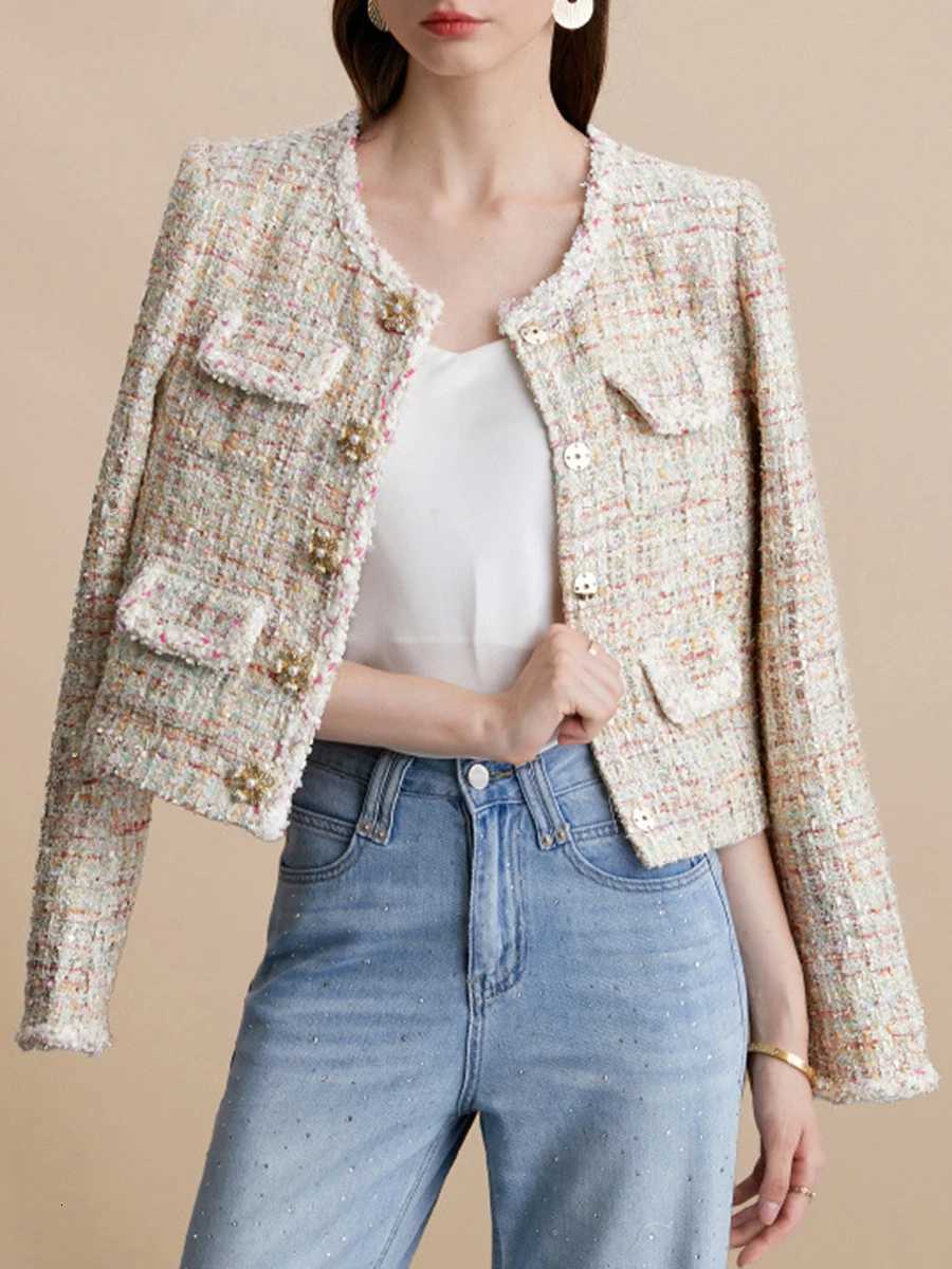 VGH Slimming Elegant Short Jackets For Women Round Neck Long Sleeve Spliced Button Autumn Temperament Jacket Female Fashion New Z250918