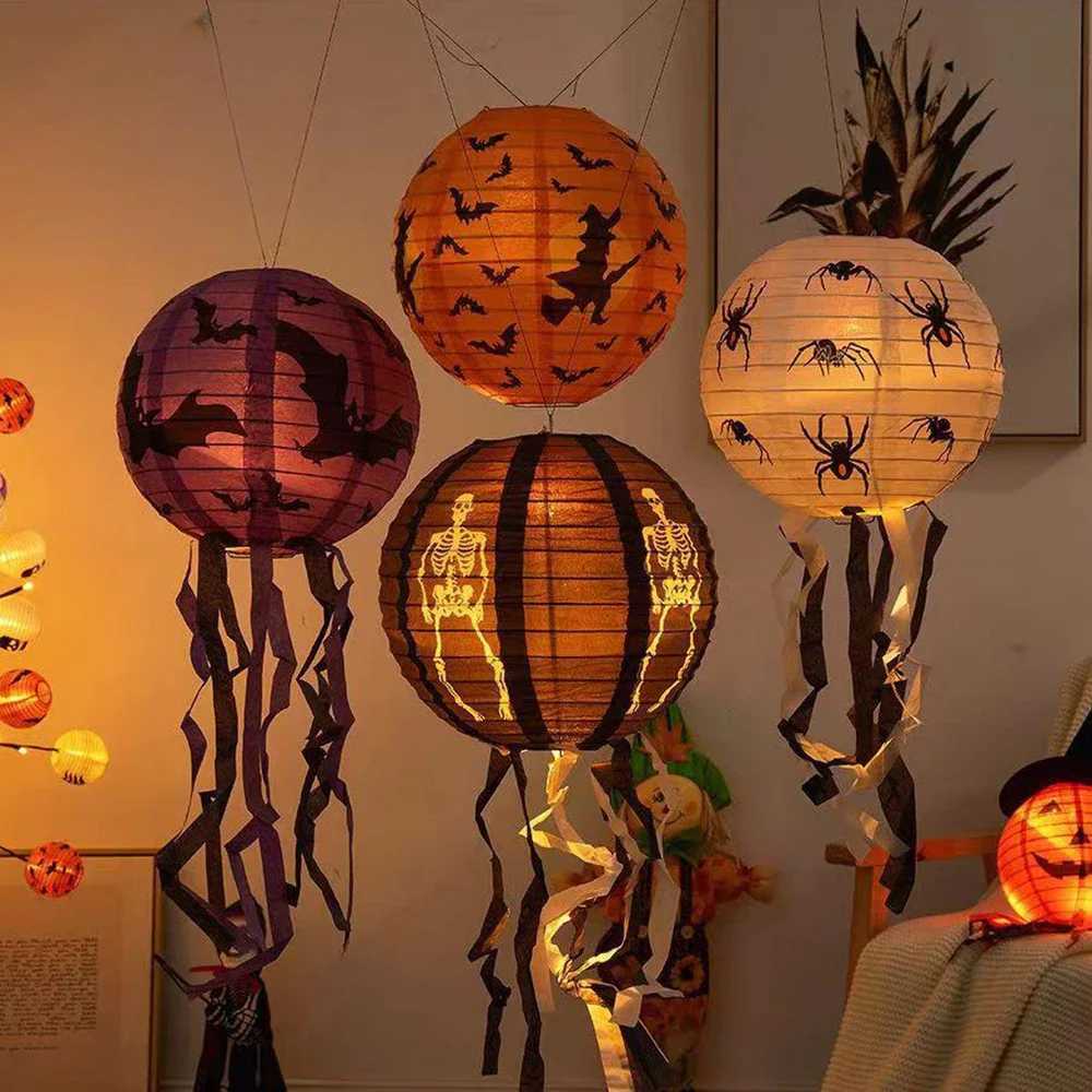 Runtow 5pcs 25cm Halloween Paper Lanterns Pumpkin Spider Bat Skeleton Lantern for Halloween Party Decor Not Include Light C250919