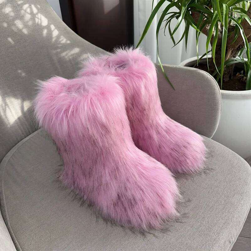 Women Winter Fluffy Furry Faux Fur Snow Woman Lace-up Platform Ankle Pink Ski Boots