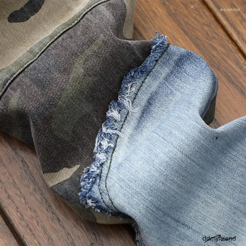 Men's Jeans Patchwork Fashion Retro Slim Fit Elastic Pencil Pants Male Denim Camouflage Cowboy Long Trousers ddmyfriend