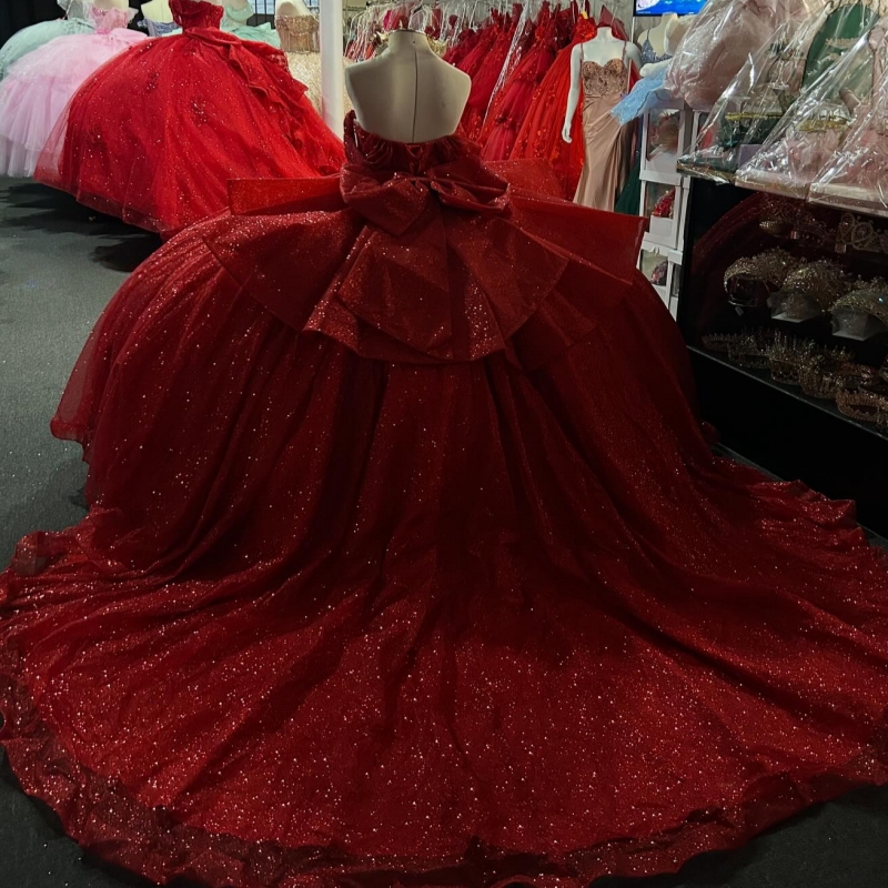 Red Shiny Quinceanera Dresses Off The Shoulder Beads Bow Tull Party Birthday Sweet 16 Dress Vestidos De 15 Anos