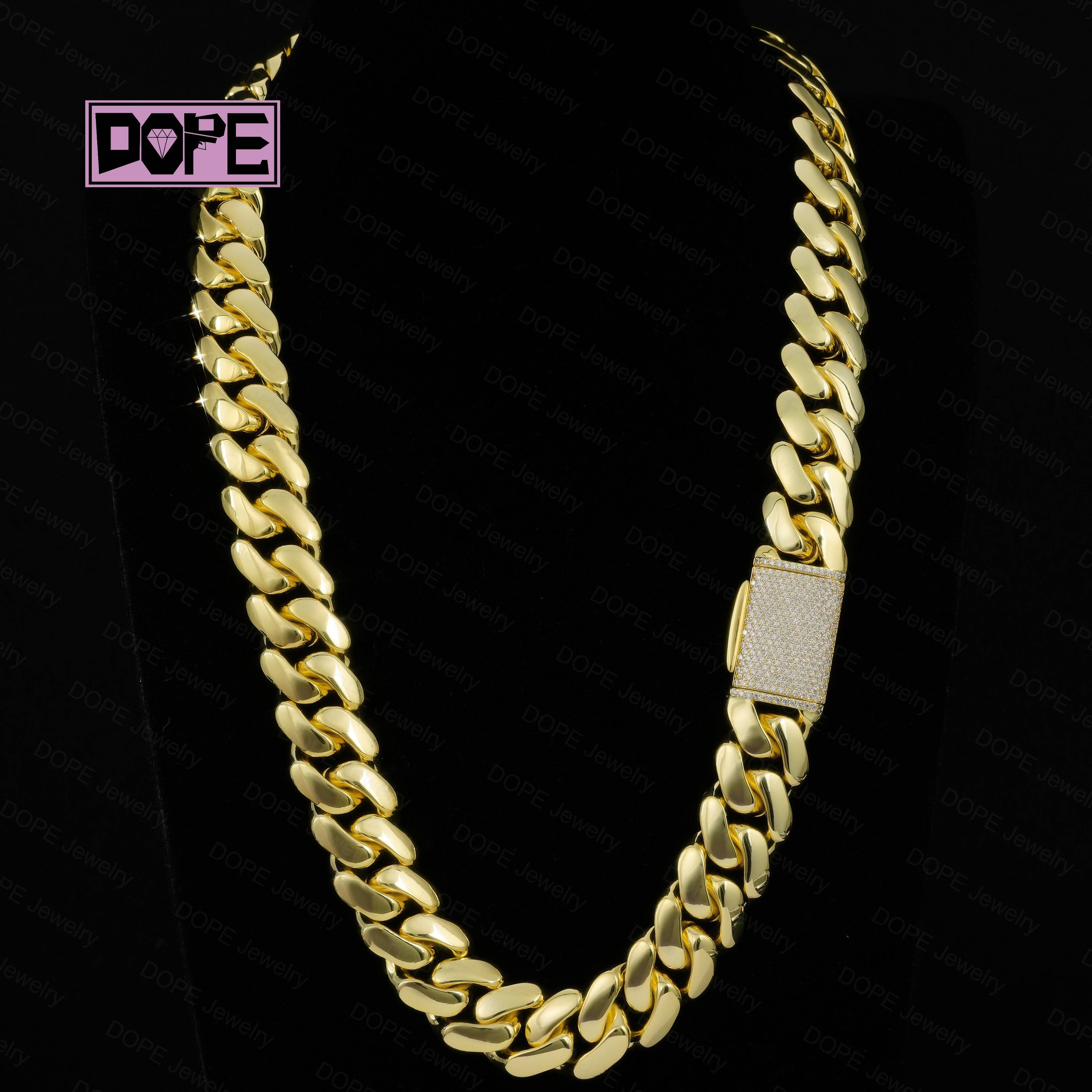 16mm Cuban Link Chain Hip Hop 14K 18k 20k Real Yellow Gold Plated Iced Moissanite Lock 925 Silver Plain Miami Cuban Link