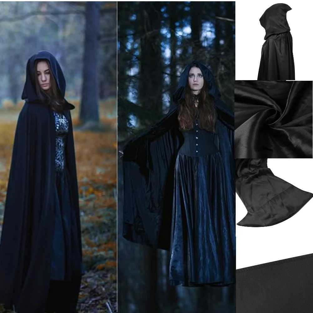 Halloween Cloak Soft Unisex Hooded Black Robe Witch Long Cape Cosplay Costume Prop Party Performance Supplies Holiday Decoration L250918VNKQ