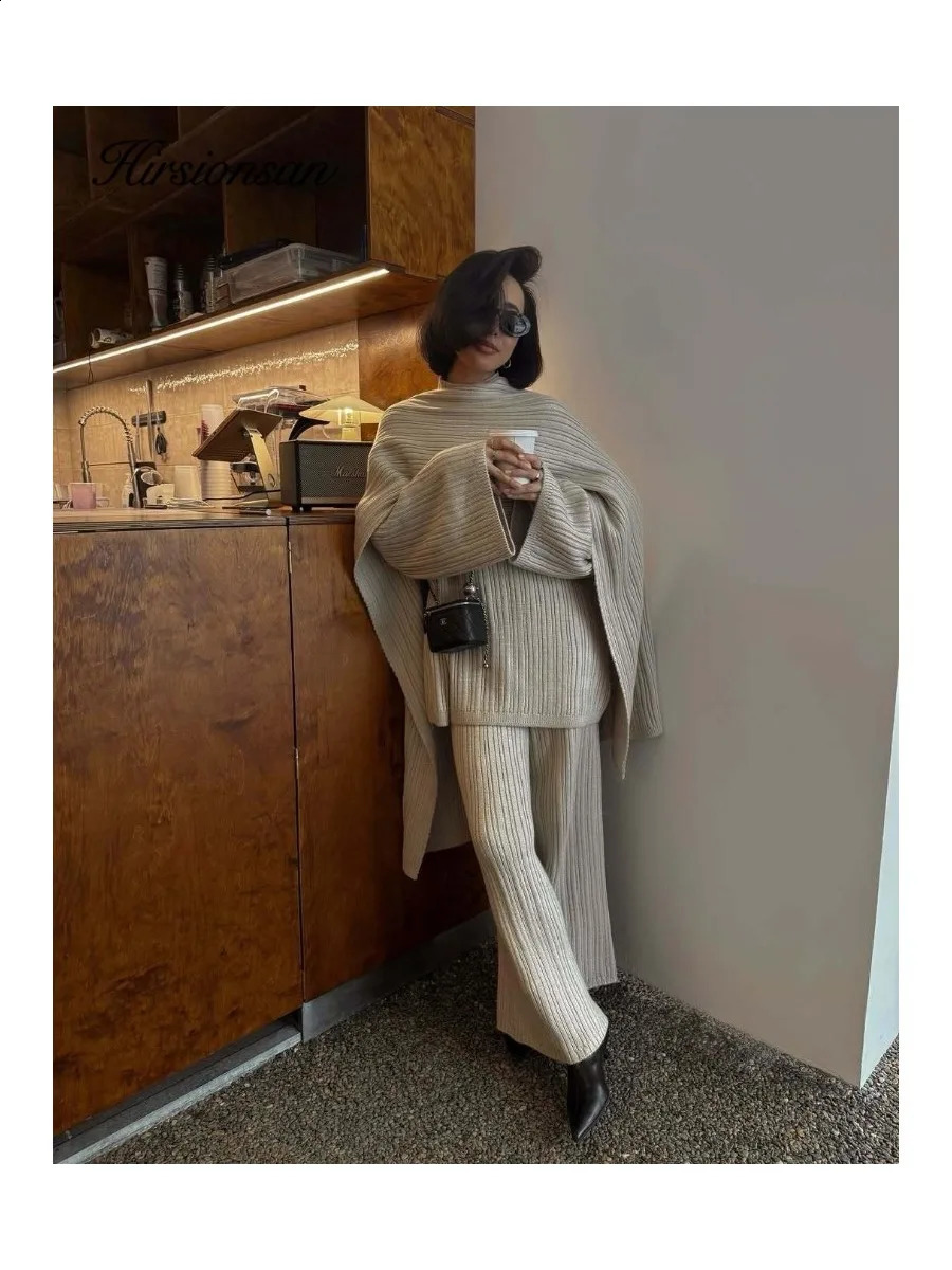 Hirsionsan Soft Elegant Vintage Women Suits 3 Pieces Female Sets O Neck Sweater Wild Leg Pants with Scarf Knitted TrackSuit 250917