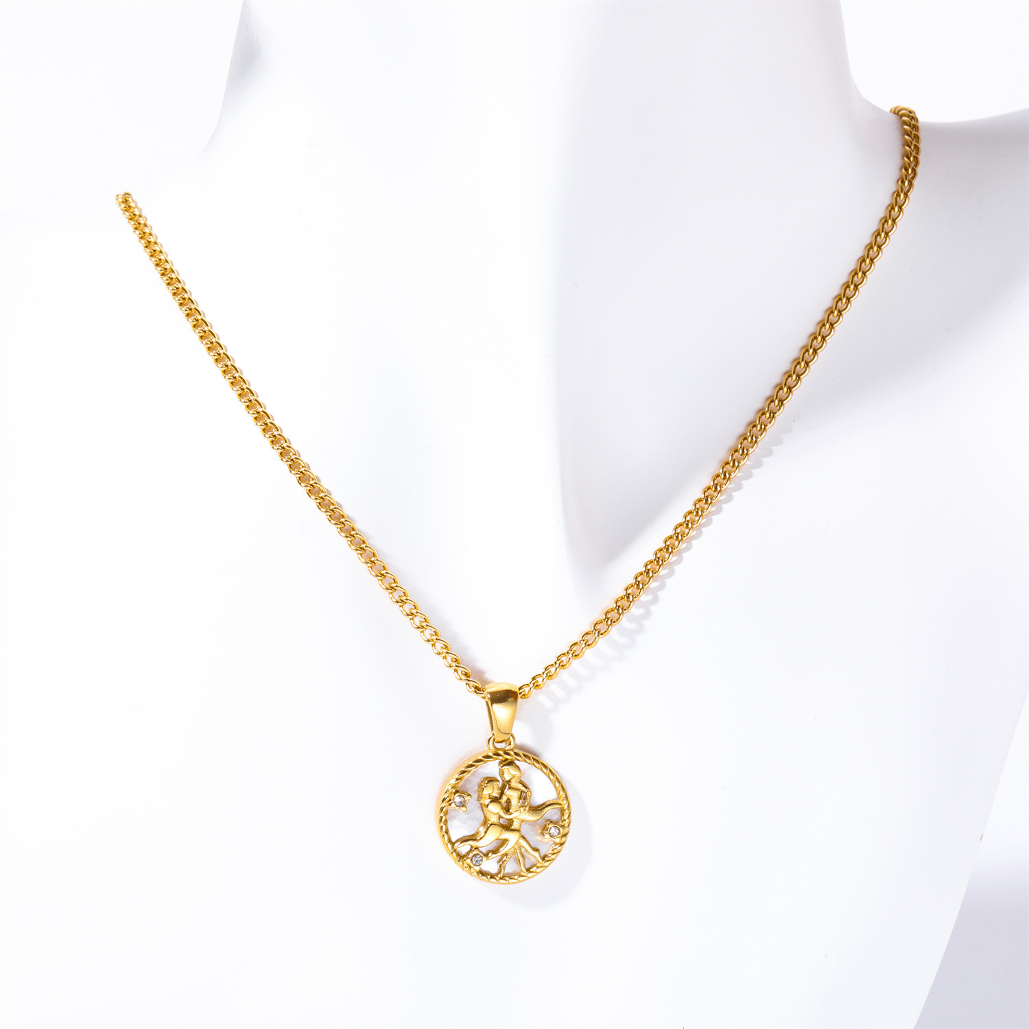 Stainless Twee Round Coin Shell 12 Constellations Necklace Titanium Steel Vacuum Plating