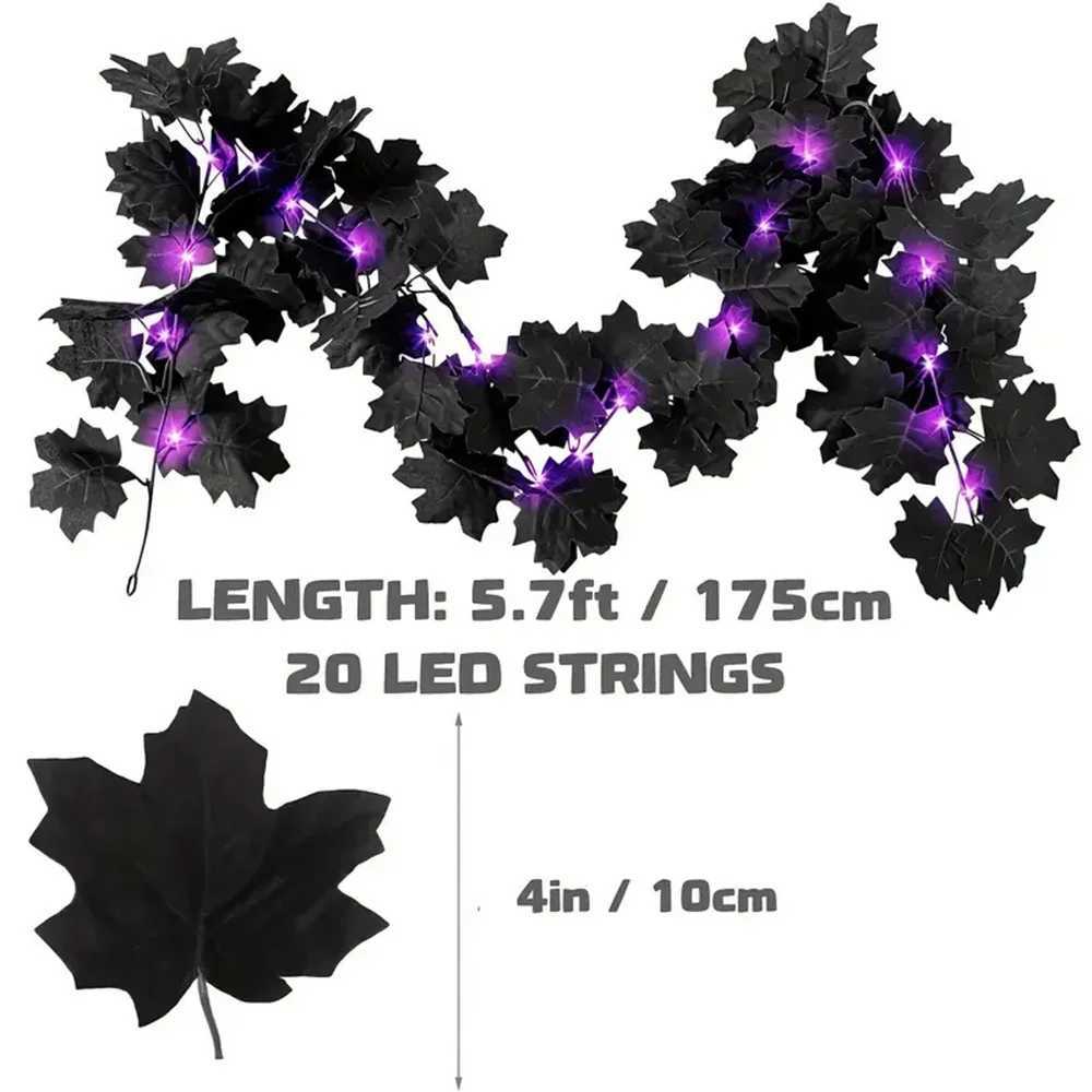 1pc Halloween Garland with Purple Lights Black Leaf Garland Black Artificial Maple Leaves Decor Home Mantle Stairs Indoor C250919