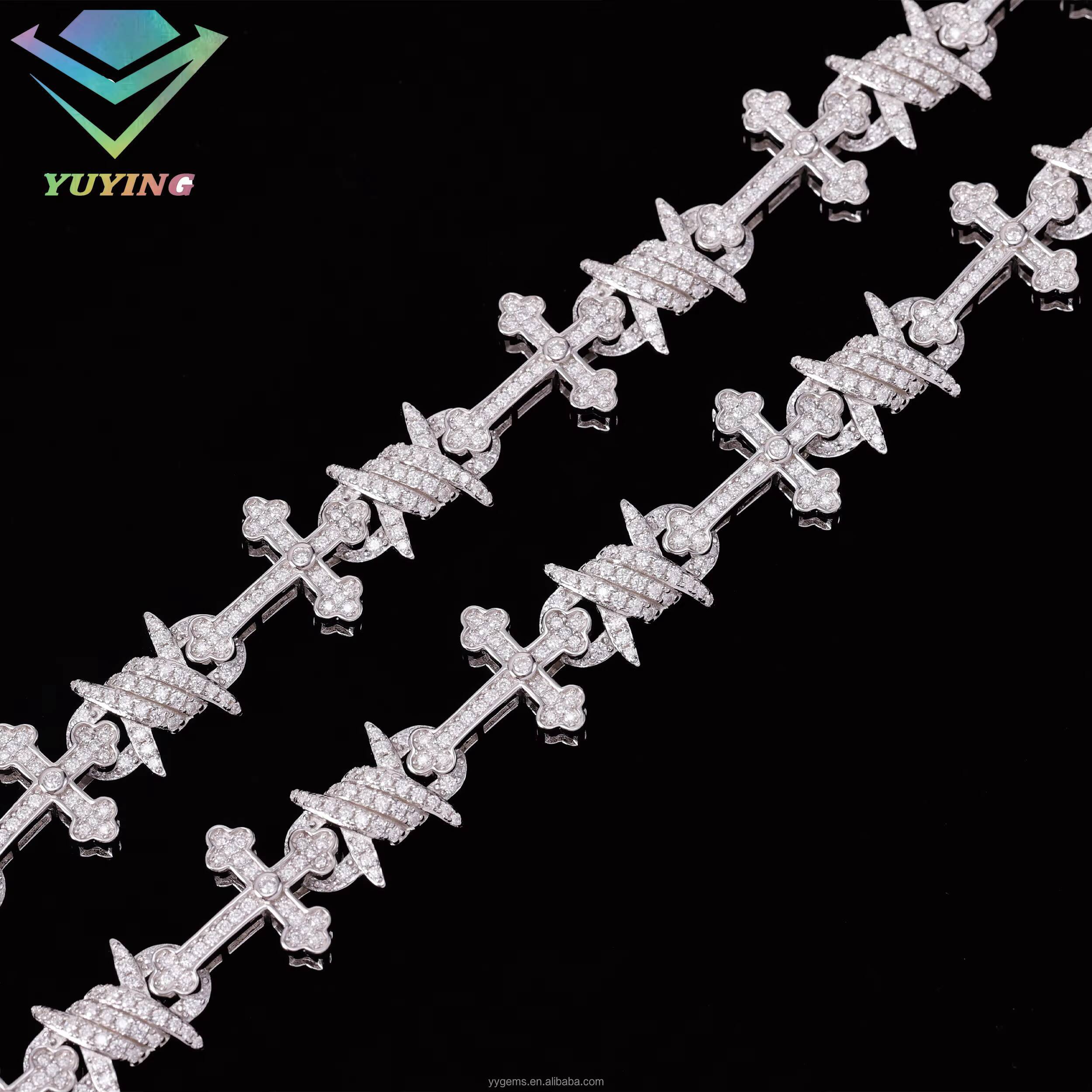 Hip Hop Luxury Gift Men 14mm 925 Sterling Silver VVS Moissanite Diamond 925 SIlver Iced Out Cross Link Chain Bracelet