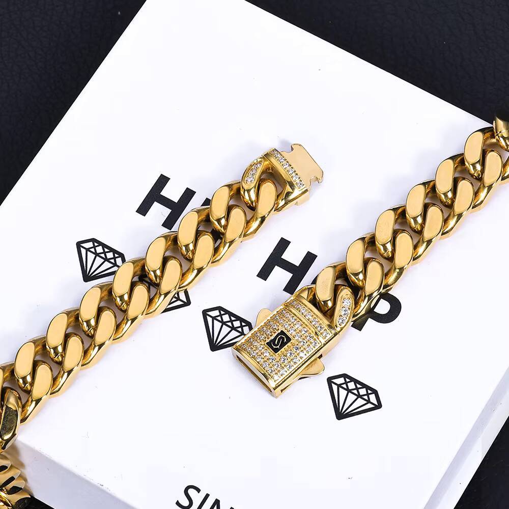 NUOYA 691113mm Stainless Steel Buckle High Polished Cuban Link Chain Iced Out Moissanite Clasp 14K Gold Plated Necklace