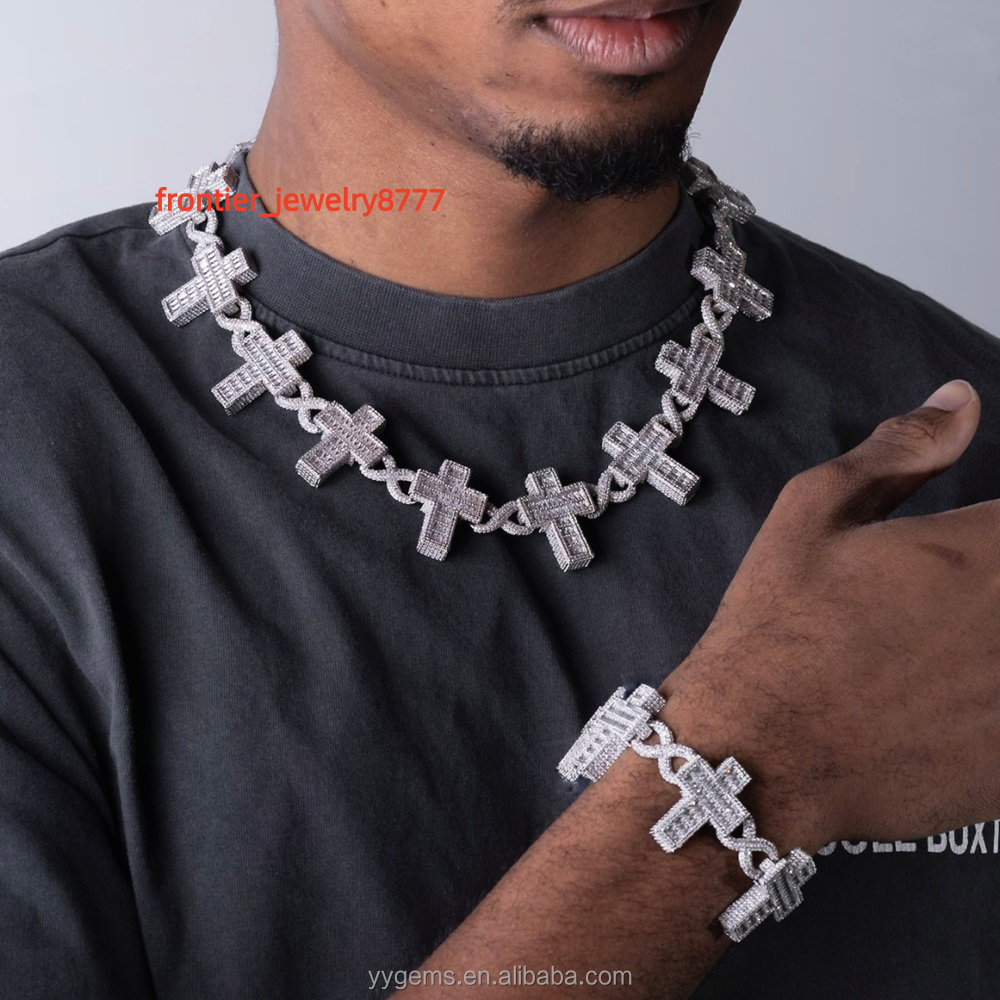 Yu Ying Baguette Moissanite Cross Cuban Link Iced Out Infinity Link Cuban Chains Necklace Mens Silver Fine Jewelry Bracelet