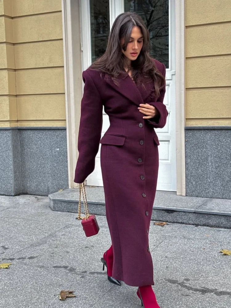 Fashion Waist Cinching Woolen Long Coats For Women Lapel Sleeve Singlebreasted Shoulder Pad Coat Lady Outwear 250917