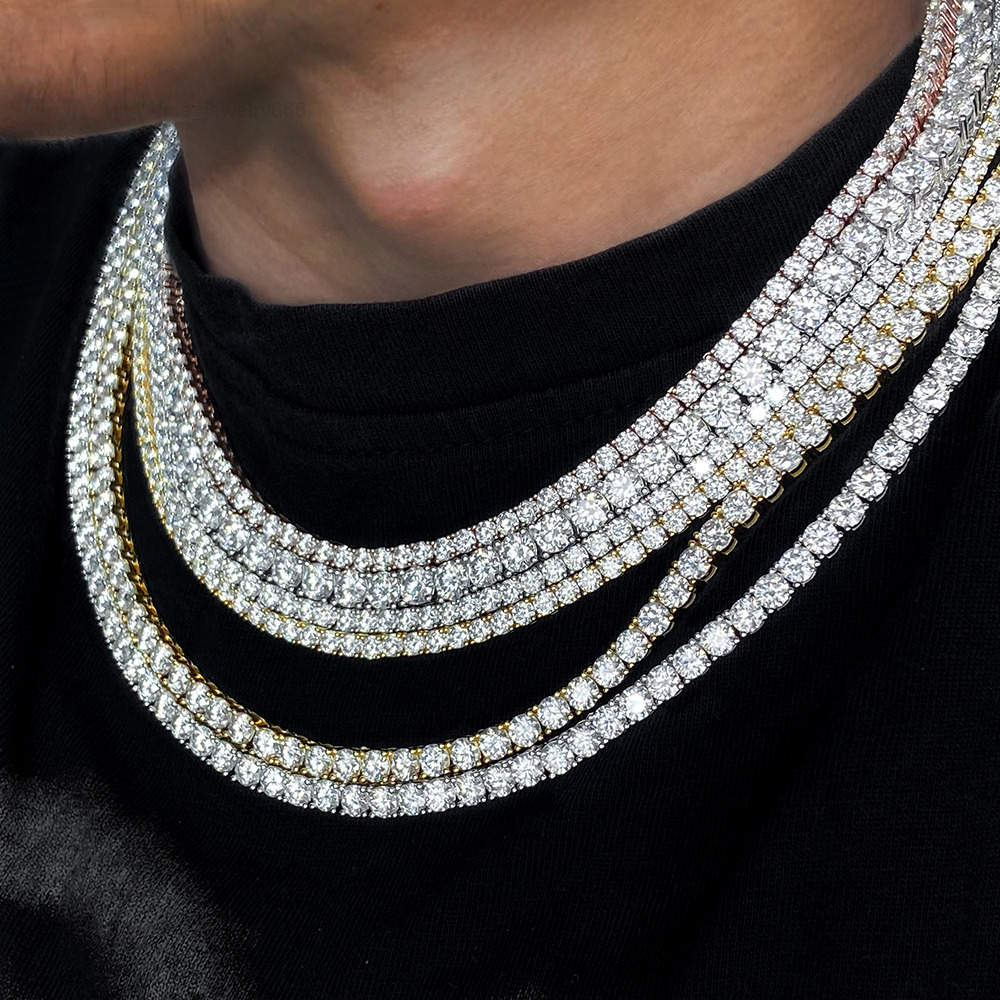 Hip Hop S925 Tennis Necklace VVS D Colorround 3mm Diamond Iced Out Past Tester Customized Trend 10k 14k Gold Moissanite Tennis Link Chains
