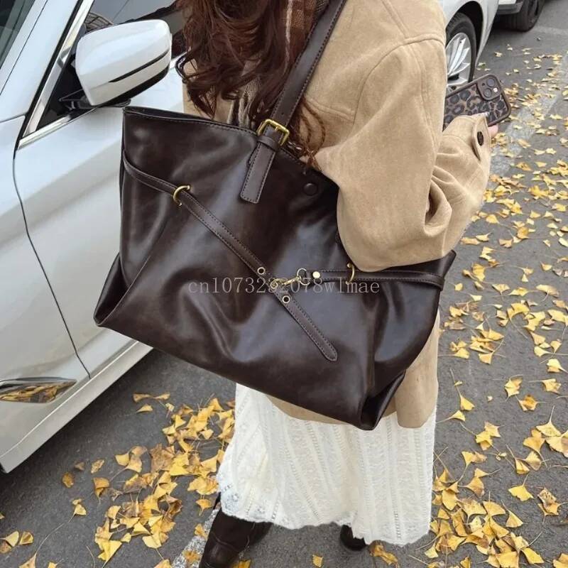 Korean Style Casual Solid Shoulder Vintage Large Capacity PU Leather Tote Bag Women Y2k Fashion Handbags Trend Underarm Bags