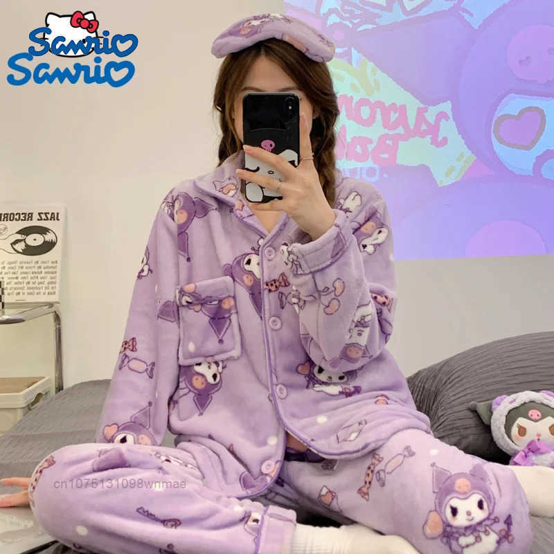 Sanrio Cinnamoroll Melody Kuromi Cotton 2 Pcs Pjs Women Autumn Winter New Pajamas Warm And Cute Cartoon Flannel Home Furry Set L250919