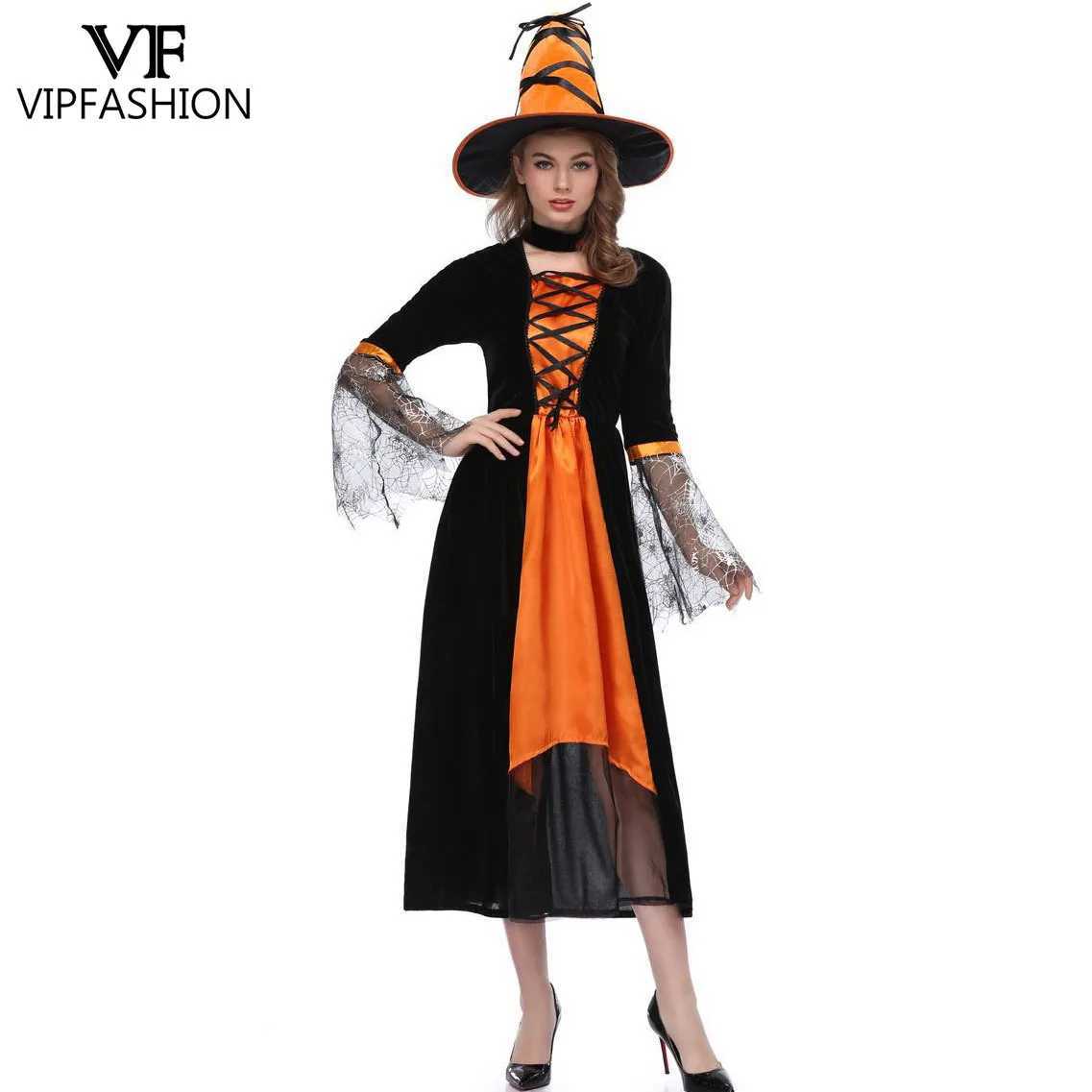 VIP FASHION Orange Halloween Witch Costume Cosplay Wizard Dress for Women Demon Vampire Witch Dress Performance Party Outfit L250918