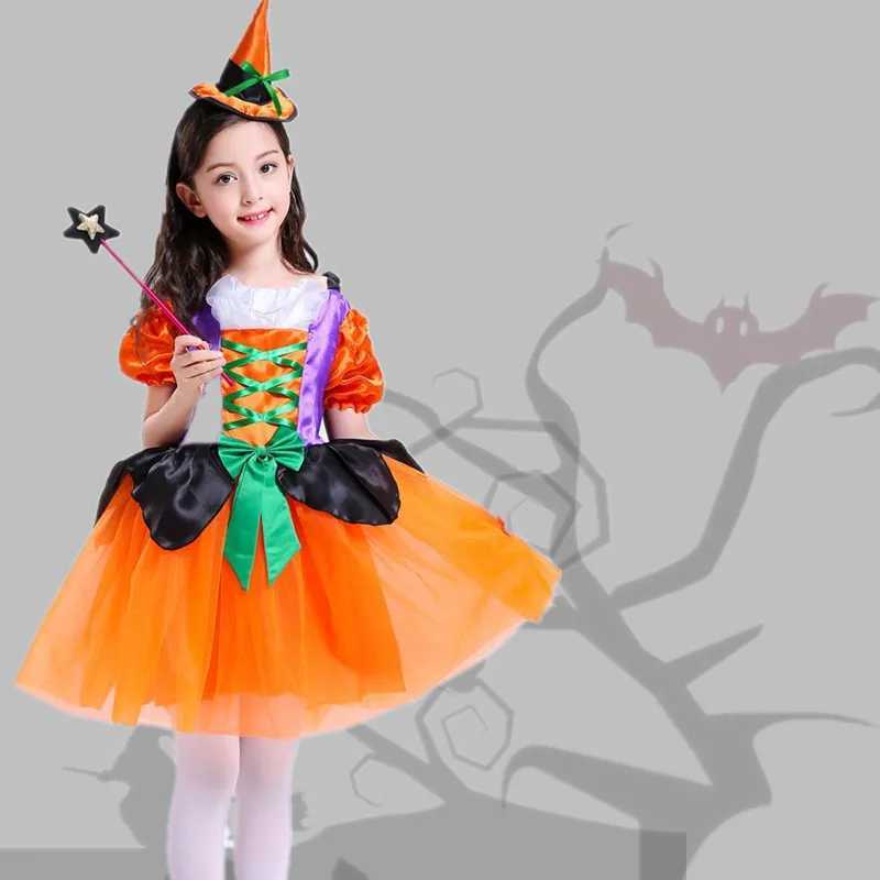 Girls Witch Costume 215Y Fairytale Wizard Dress with Hat Kids Halloween Pumpkin Print Baby Bat Spider Cosplay Outfit L250918