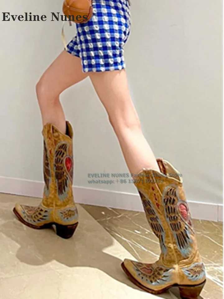 Embroidery Patchwork Retro Western Cowboy Boots Pointed Toe Chunky Heels Mixed Colors Knee High Boots Fashion Casual 2024 Newest W250919