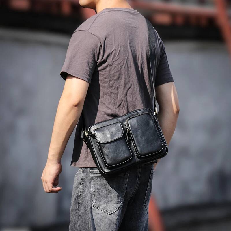 Men's Genuine Leather Shoulder Casual Fashion Crossbody Natural Cowhide Daily Messenger Bag Black Trend Satchels