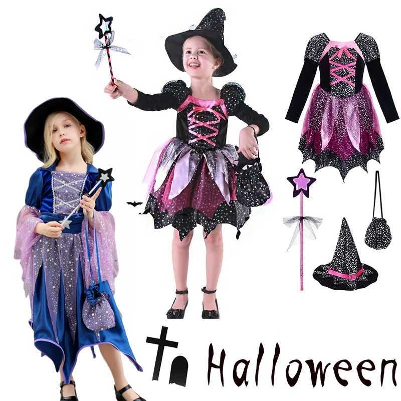 Halloween Girl Cosplay Elf Princess Costume Kids Witch Elegant Fantasy Children Carnival Disguise Witch Party Dress Hat Wand Bag L250918
