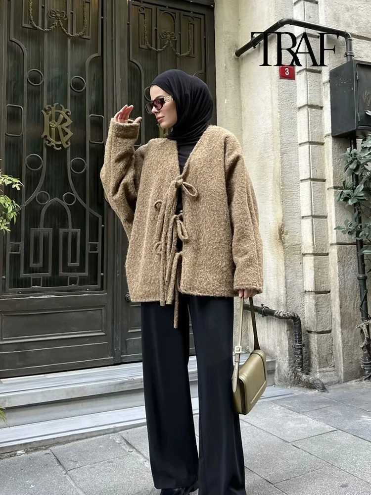 TRAF Women Fashion Casual Knitted Cardigan Autumn and Winter Loose Solid Color VNeck Tie Coat Retro Long Sleeve Commuter Jacket Z250918