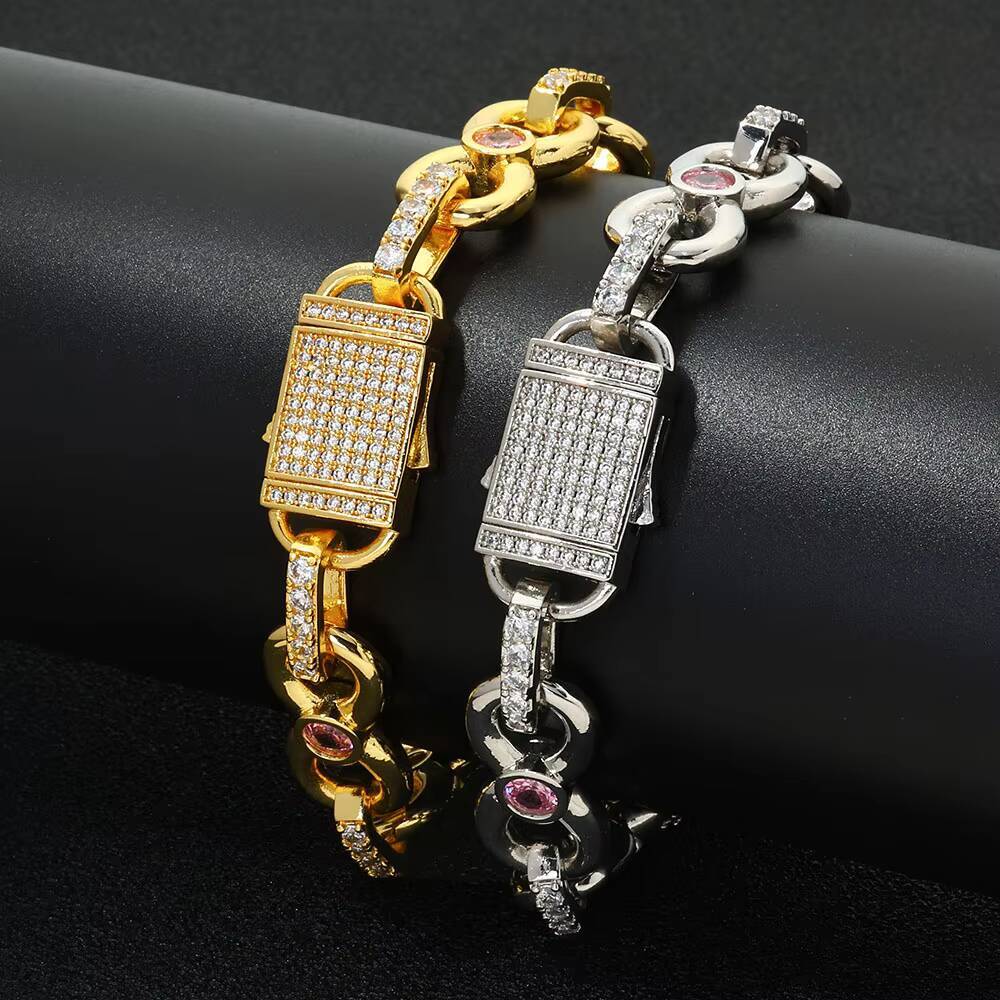 NUOYA Womens Hip Hop Diamond Bracelet Gold Plated Pink Moissanite Infinity Link Chain Elastic Clasp Chain Bracelet Jewelry for Gift