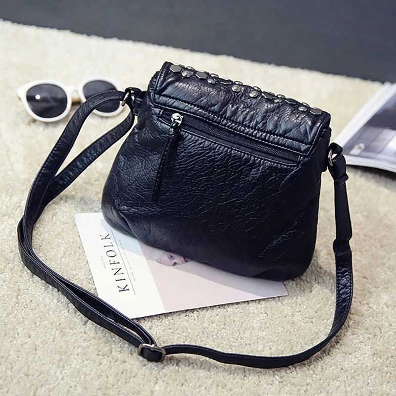 Soft Washing PU Leather Shoulder Bags for Women Black Color Rivet Handbag Crossbody Purse Female Flap Messenger Bags Pack Z250915