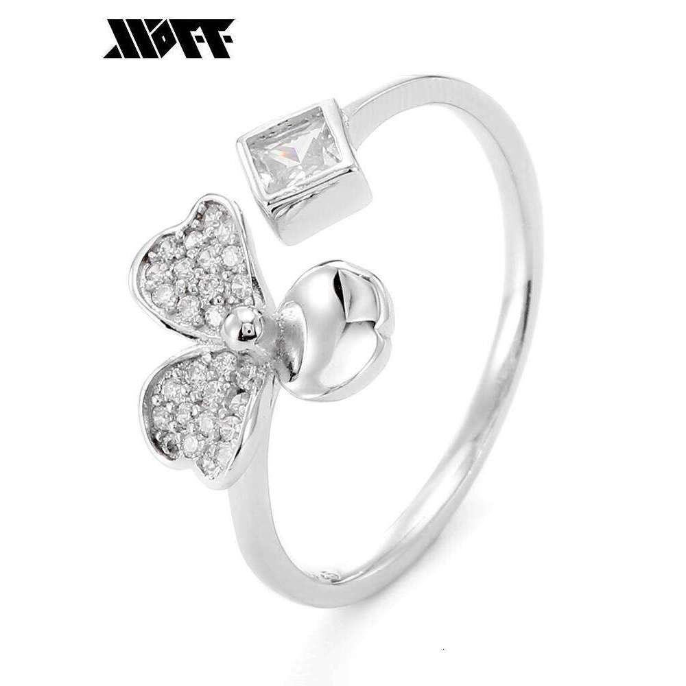 XXOFF Silver Inlaid with Diamonds Heart Lucky Clover Niche High-end Design Adjustable Women's Ring Gift