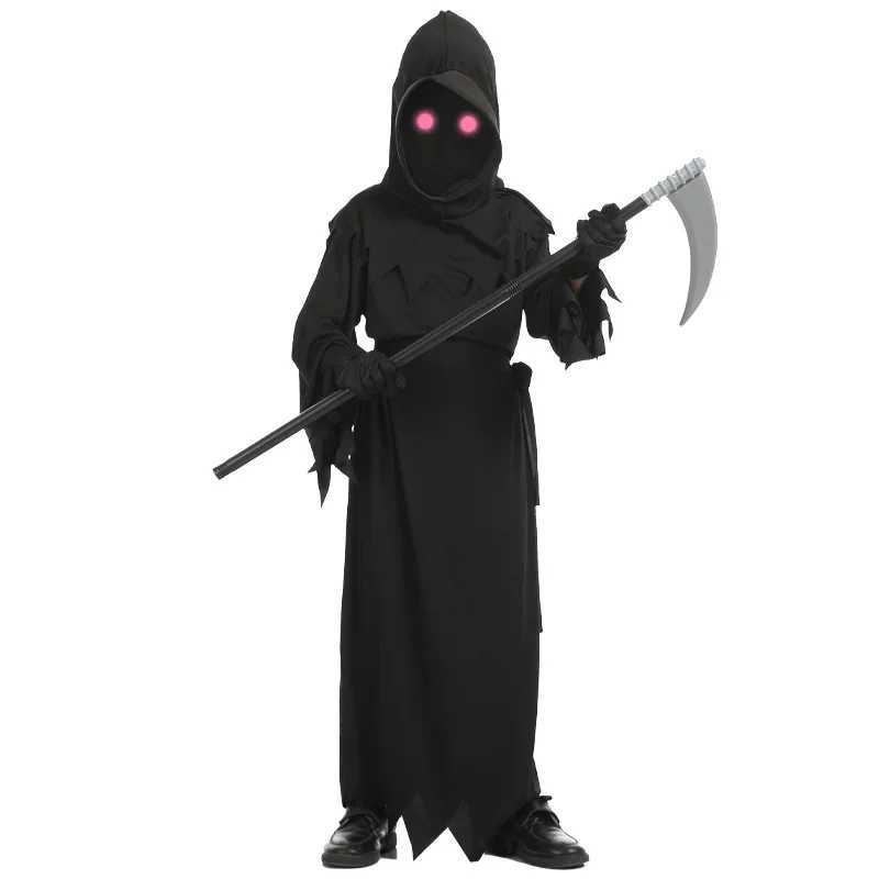 Halloween Cosplay Costume Grim Reaper Scary Skeleton Costume Children Glowing Red Eyes Grim Reaper Ghost Robe Send Scythe Props L250918