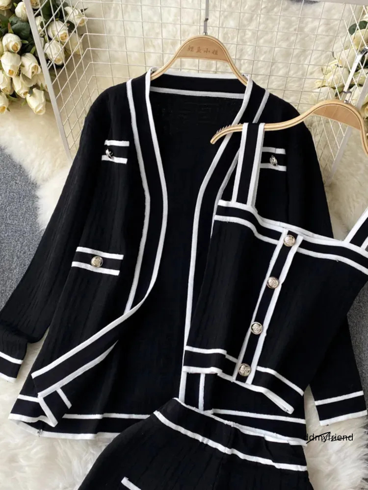 Casual Long Sleeve V Neck Cardigan Jacket Sling Vest Waist Shorts High Quality Chic Button Knitted Vintage 3 Piece Sets 250723 ddmyfriend