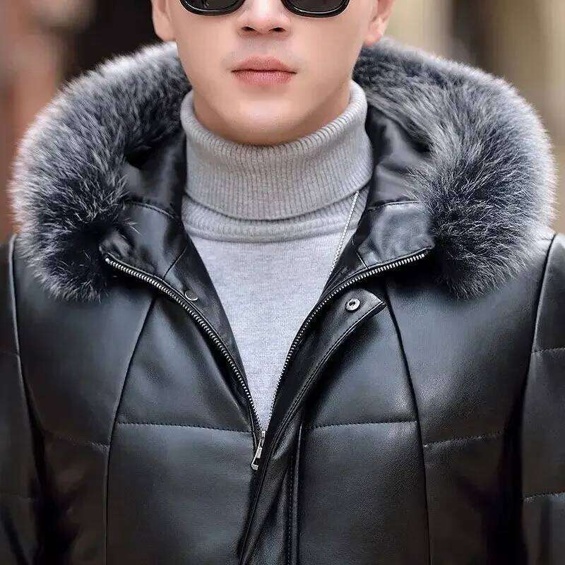 Puffer Men High Quality Winter Leather Down Jacket Man Sier Fox Fur Collar Korean Medium Long Slim Fit Sheepskin Coat