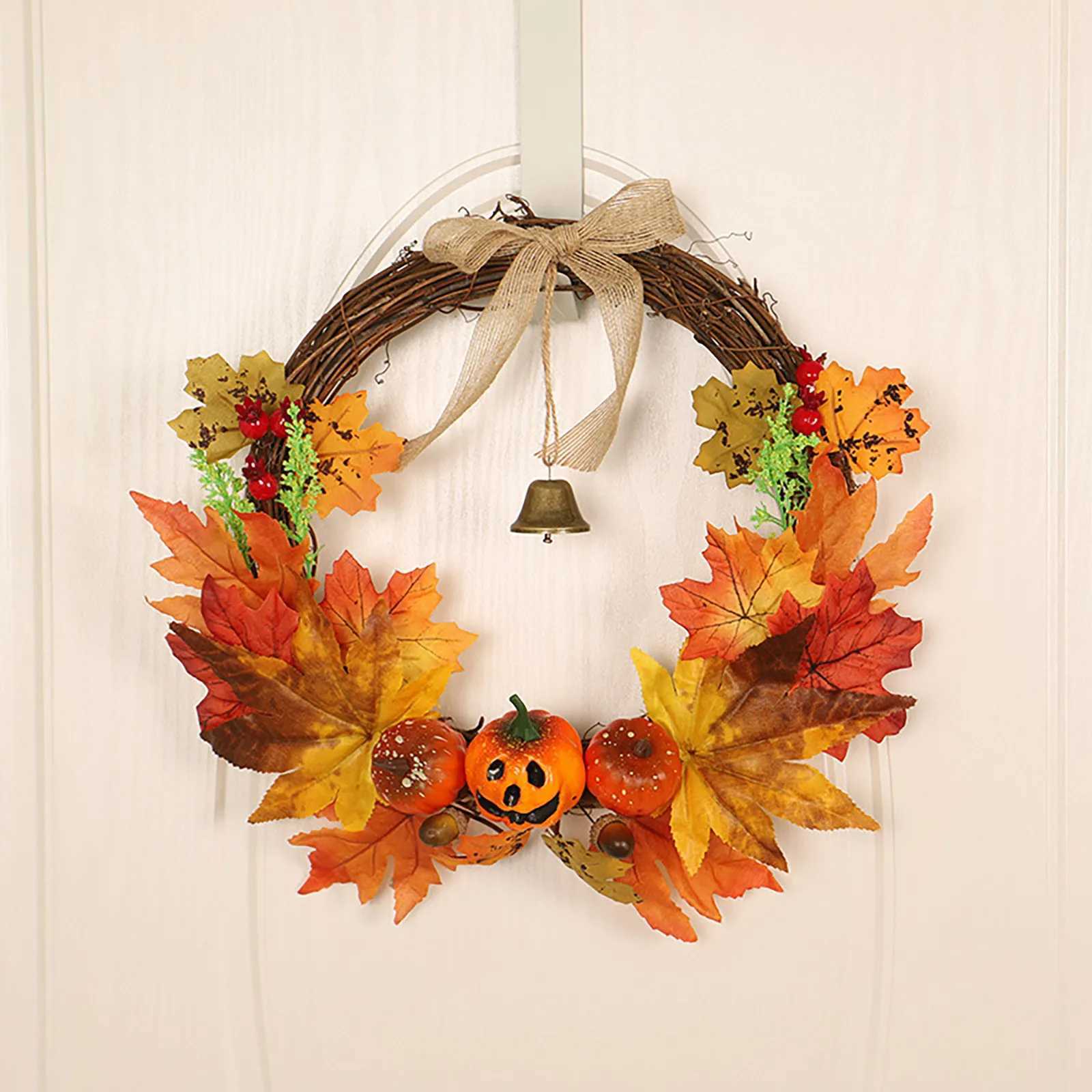 New Halloween Hanging Simulation Pumpkin Maple Leaf Bell Wreath Decoration Home Door Wall Ornament Crafts Decoration C250919