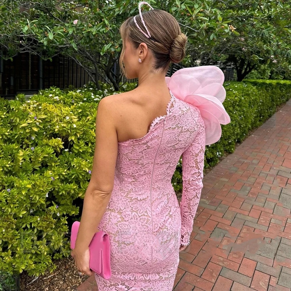Pink One Shoulder Long Sleeve Cocktail Evening Dresses Delicate Lace Sheath Tea-Length Sexy Side Slit with Handmade Large Flower Gowns