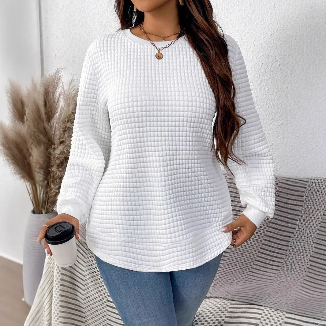 New Plus Size Women's Fashionable Versatile Casual Solid Color Block Plaid Pullover Polo Shirt Oversized Pullover Sweatshirt Long Sleeve T-Shirt 