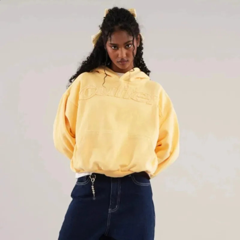 Patch ns Streetwear Hoodie Women Hooded Loose Yellow Sweatshirt Letter Print Casual Pullover Men Fashion Long Sleeve Hoodie 250918