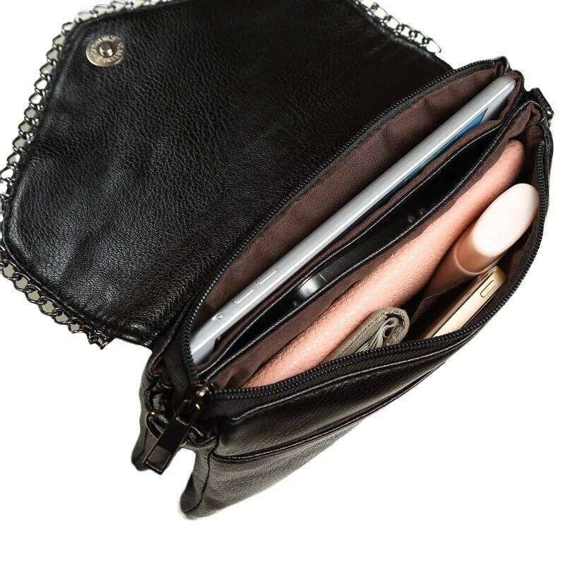 Female Shoulder Messenger Bags Casual Crossbody Bag Black PU Leather 2025 Trend Women Stone Print Chain Envelope Clutch Purses