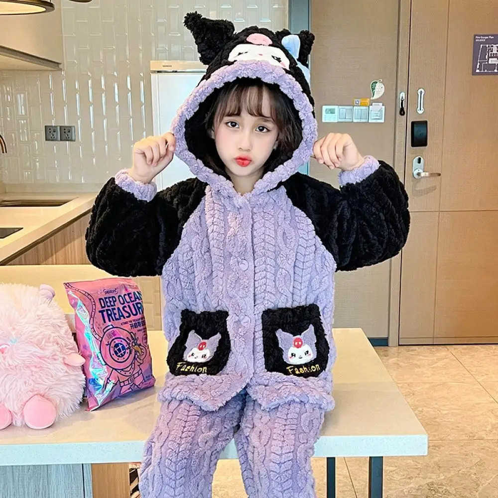 Sanrio 2Pcs Sanrios Cinnamoroll Kuromi Kids Flannel Pajama Kawaii Anime Autumn Winter Girl Boy Fashion Warm Thicken Loungewear Homewear L250919