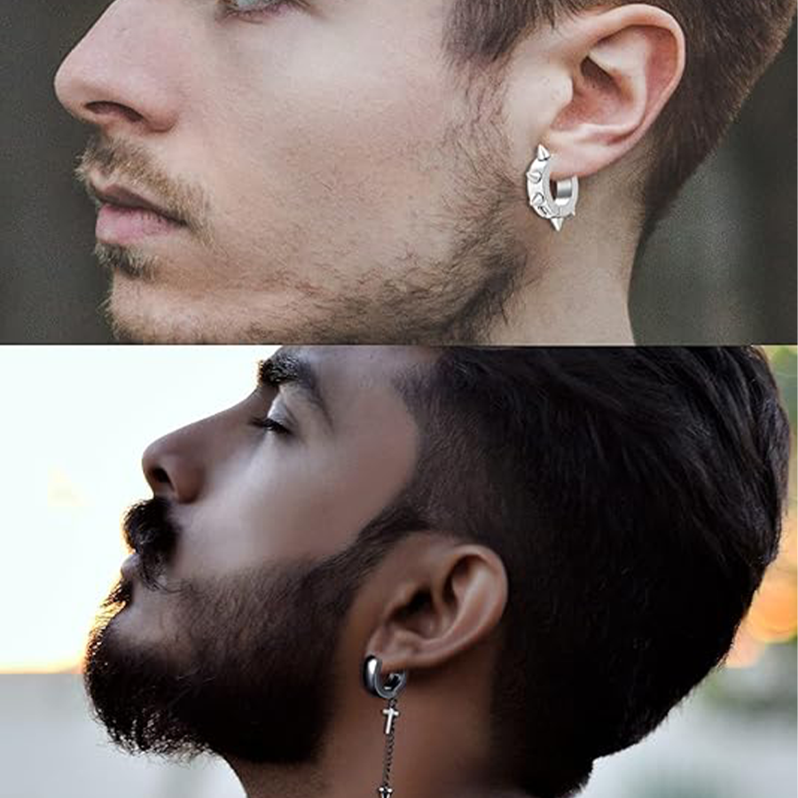 12 Pairs Magnetic Stud Earrings Stainless Steel CZ Hoop Punk Feather Dangle Hinged Non-Piercing Earrings Clip on Magnet Earring Set for Women Men Silv