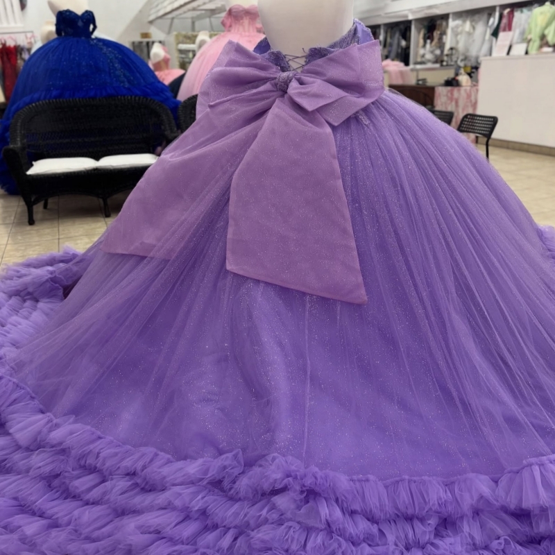 Lavender Shiny Quinceanera Dresses Off The Shoulder Lace Beading Bow Tiered Tull Party Birthday Sweet 16 Dress Vestidos De 15 Anos