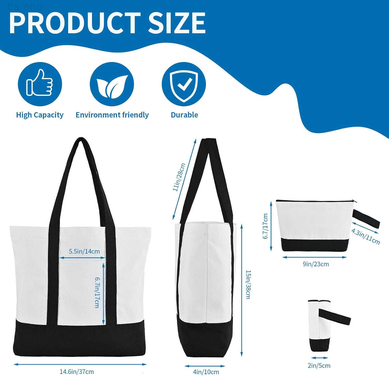 2 Pcs Canvas Tote Bags Bulk and Makeup Pouches Set 12oz Cotton Reusable Zippered Grocery Bags with Handles DIY Sublimation Halloween Craft Beach Trave