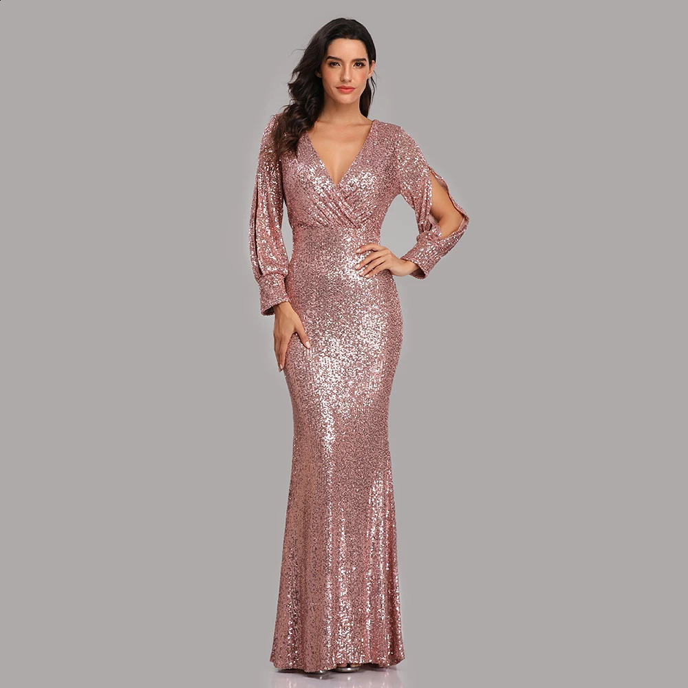 Sexy Vneck Mermaid Evening Dress Long Formal Prom Party Gown Full Sequins long Sleeve Galadress Vestidos Women Dresses 250919