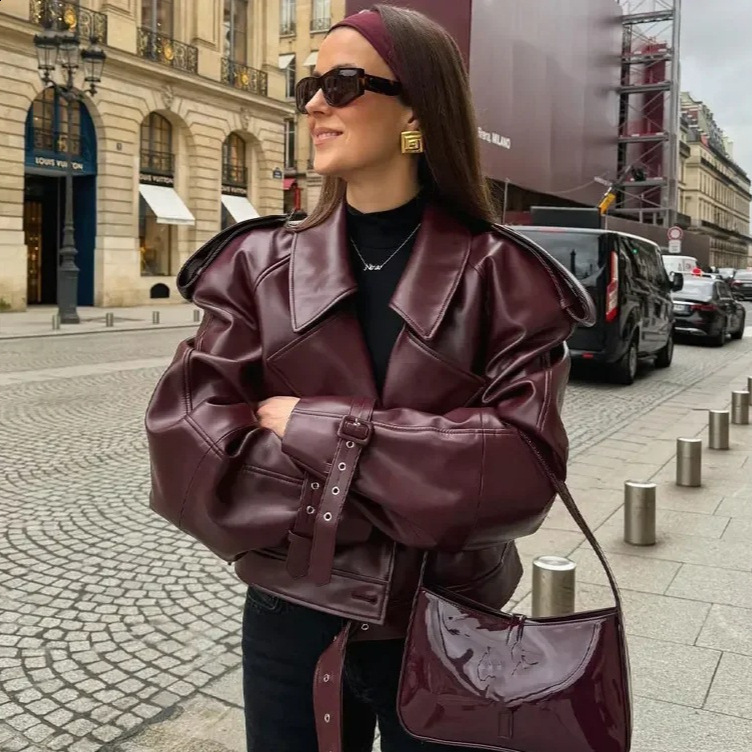 Women Retro Burgundy Leather Short Jacket Fashion Big Lapel Full Sleeves Pocket Loose Coats Lady Autumn Chic High Street Outwear 241030