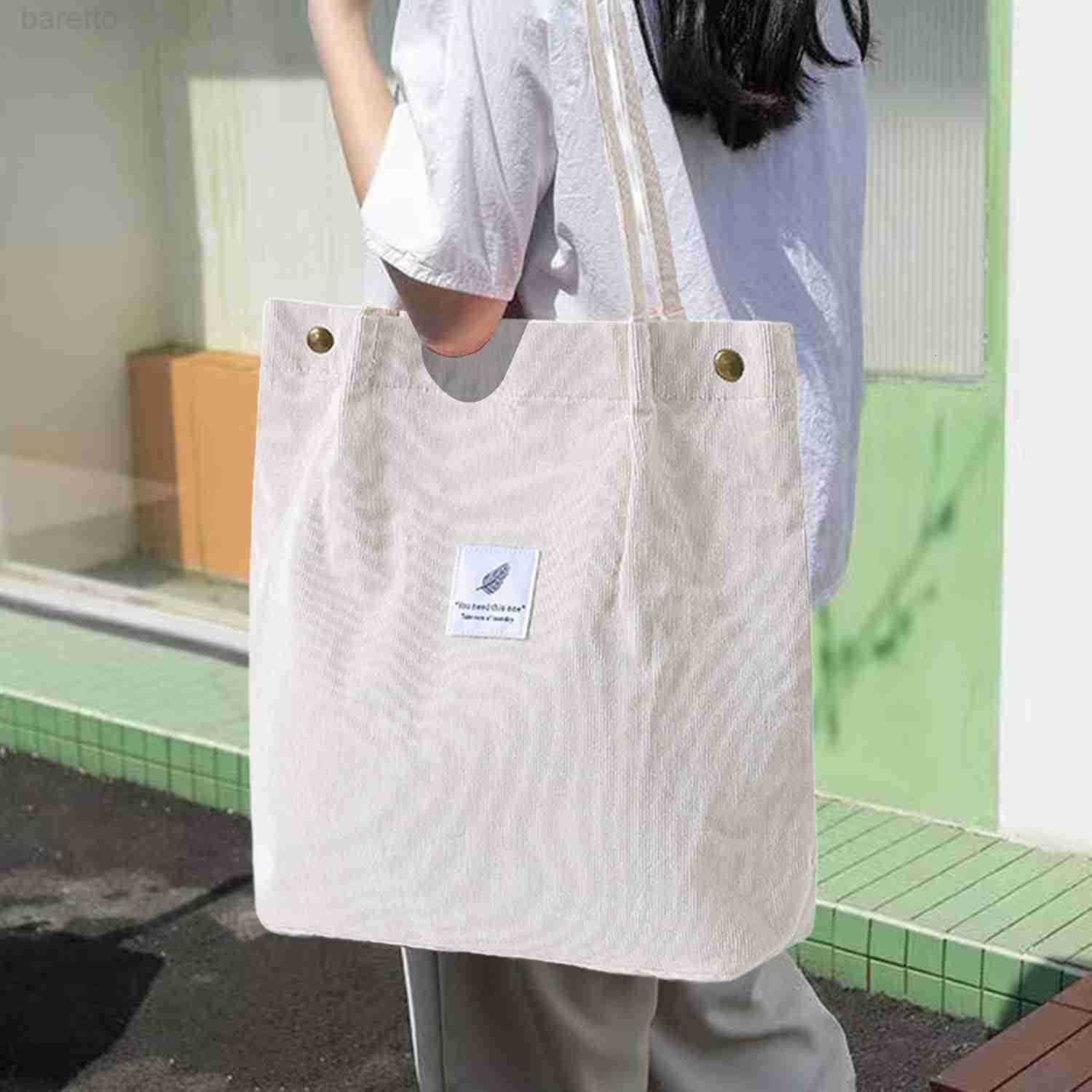 Corduroy Tote Bags for Women Sturdy Shoulder Reusable Grocery Bag with Inner Pockets and Magnetic Button Z2509019