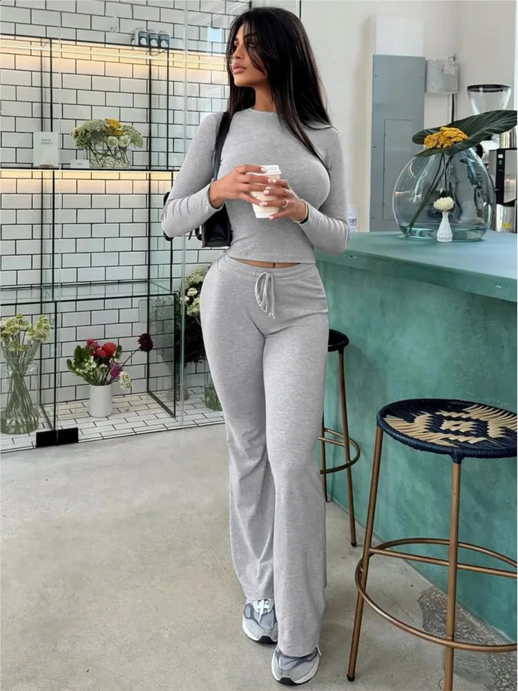 2025 Womens Casual 2 Piece Pants Set Long Sleeves Bodycon Crop Top And Drawstring Flare Pants Matching Set Streetwear Autumn 250917