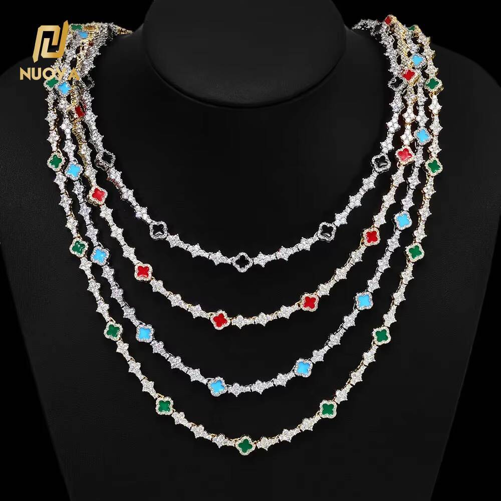 NUOYA Custom Colorful FourLeaf Clover Tennis Chain Bracelet Iced Out Moissanite Flower Shape Tennis Chain Hip Hop Jewelry for Women