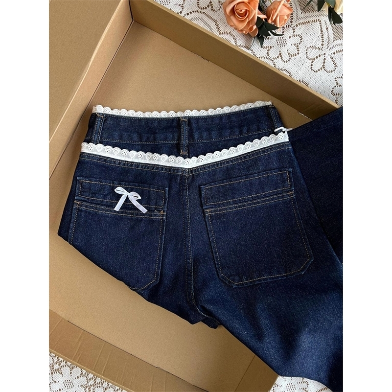 Retro Dark Blue Denim for Women Spring Autumn Sweet Lace Bow Jeans Female American Style Straight Loose Wide Leg Pants Z260313