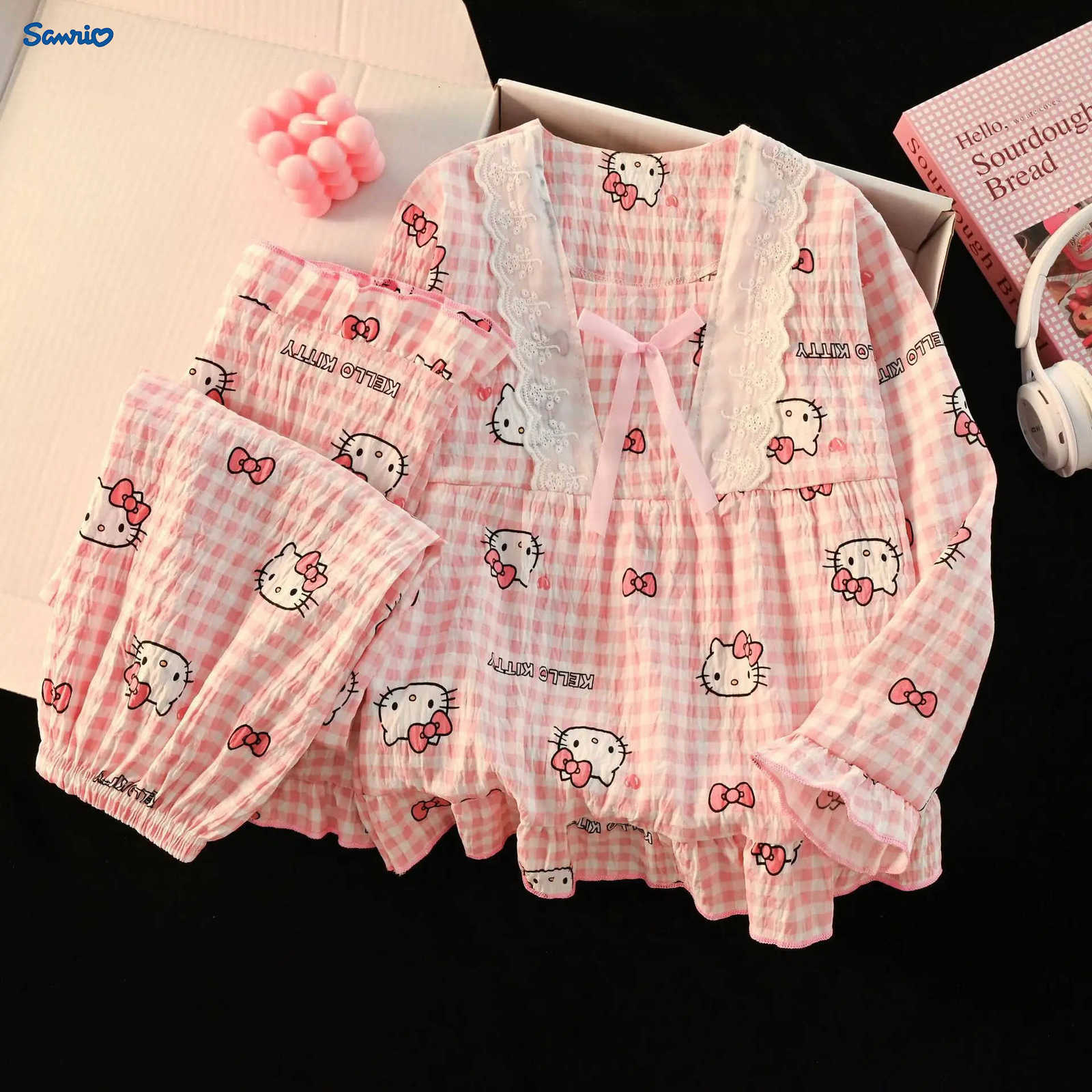 Sanrio Kawaii Anime Hello Kitty Children Pajama Sets Cartoon Cotton Lace Collar Long Sleeves TShirt Tops Pants Pijamas Homewear Gift L250919
