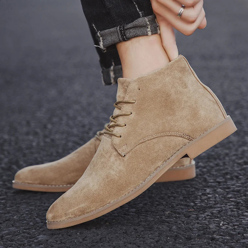 Fashion Khaki Chelsea Boots Men British Style Suede Leather Shoes Men Pointed toe Men Dress Boots High top Ankle Boot 250918