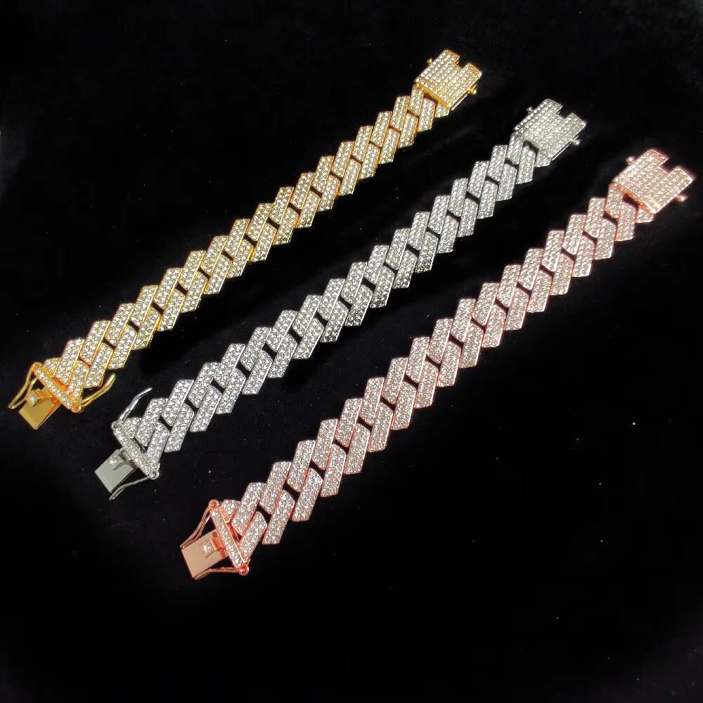 20mm Rhinestone Zinc Alloy 18k Cuban Link Chain Bracelet Wholesale Bracelet for Man Hip Hop Jewelry
